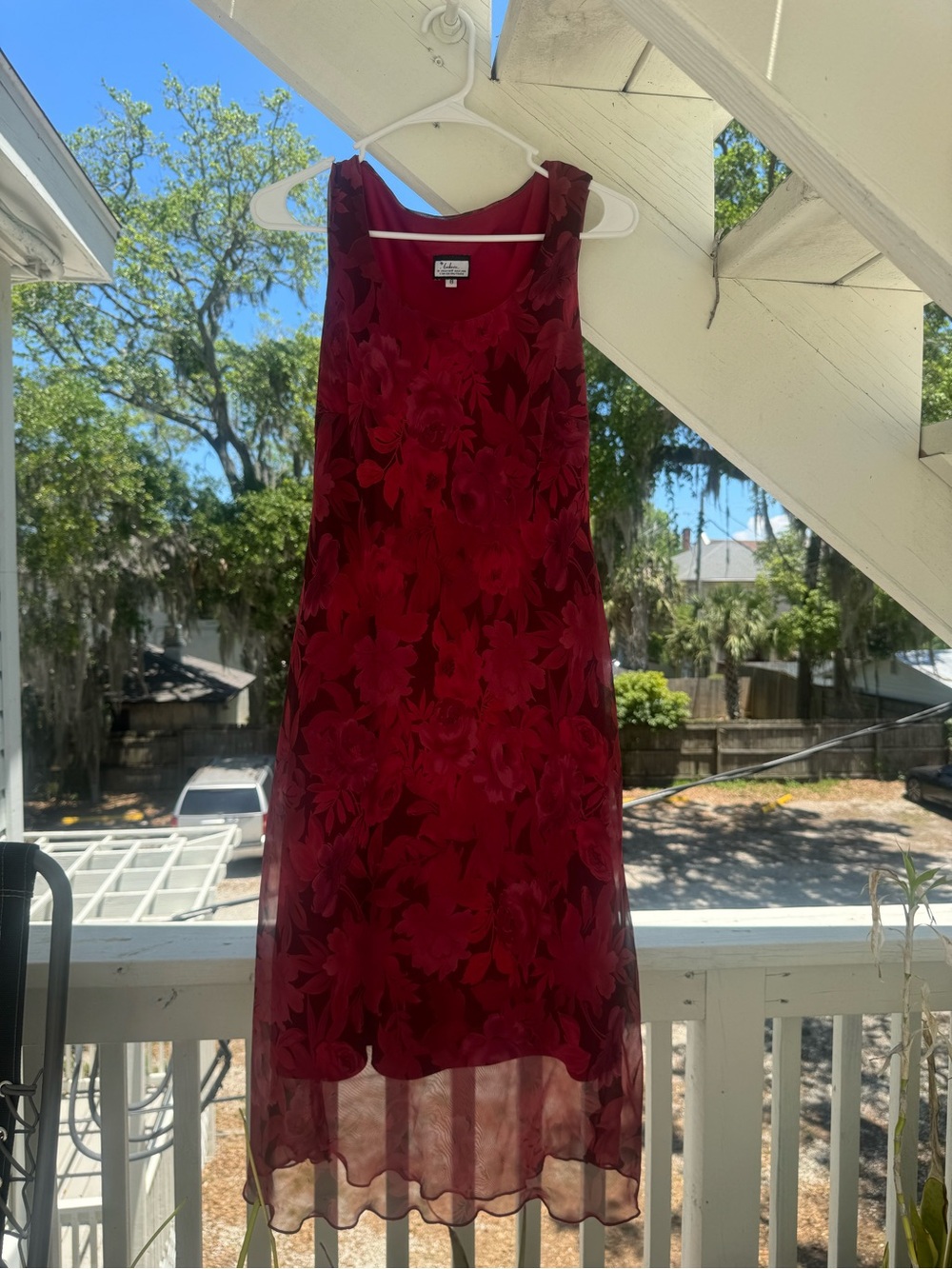Women’s Red Floral Midi Dress with Layered Chiffon